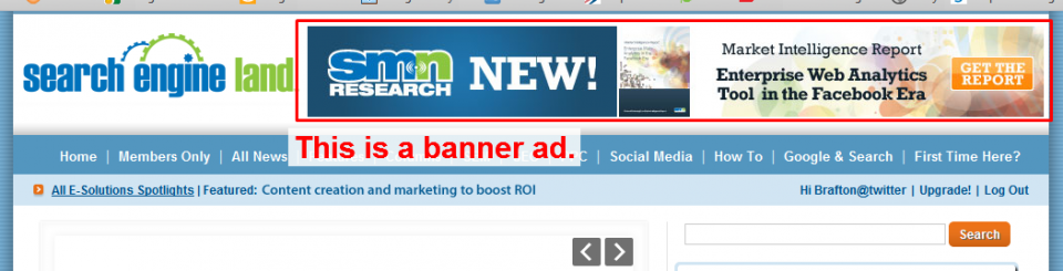 A screen capture of SearchEngineLand.com's website, portraying their use of banner advertisements.